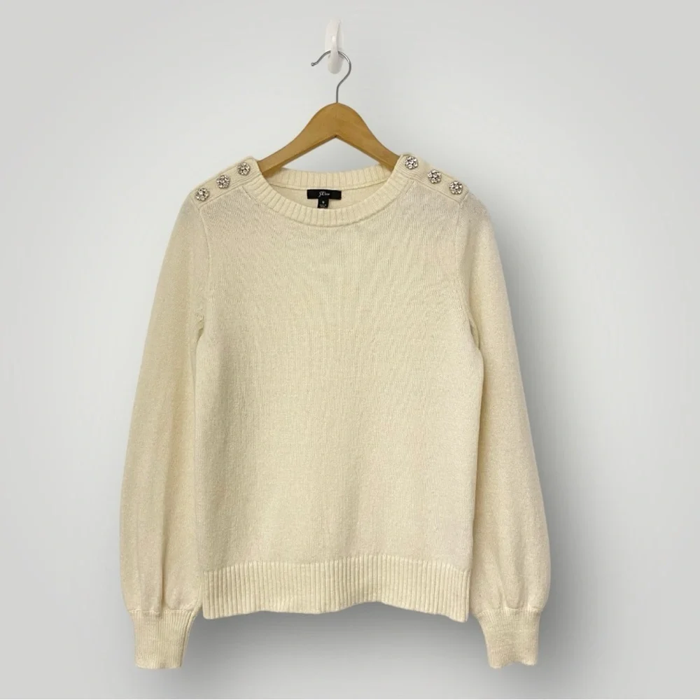 J. Crew‎ Crewneck sweater with jeweled buttons Cream Sz S